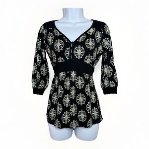 Y2K Currants Womens Babydoll‎ Top M Black Boho Empire Waist Tie Back Peasant